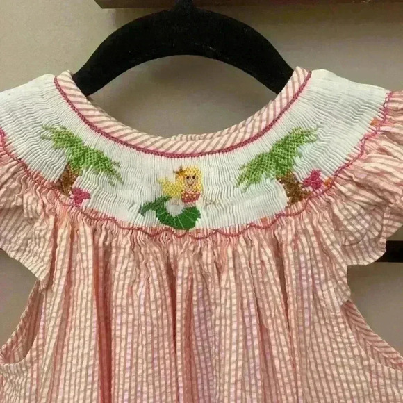 Posh Originals Smocked Seersucker Bishop Long Dress Mermaid Palm Trees Size 6X - Picture 8 of 10